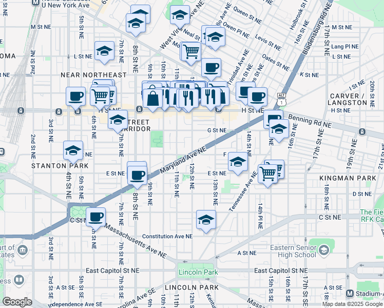 map of restaurants, bars, coffee shops, grocery stores, and more near 12th St NE & Maryland Ave NE in Washington