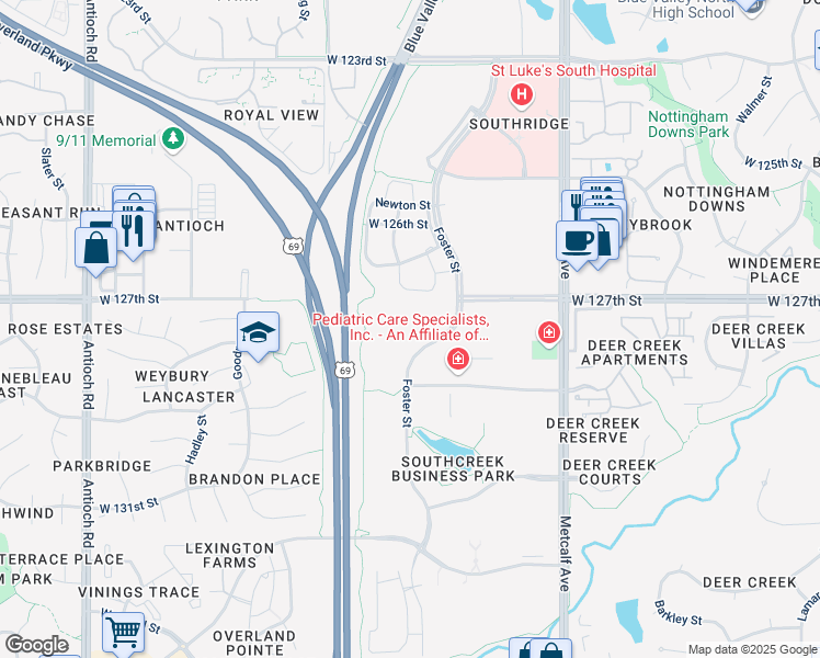 map of restaurants, bars, coffee shops, grocery stores, and more near 12800 Foster Street in Overland Park