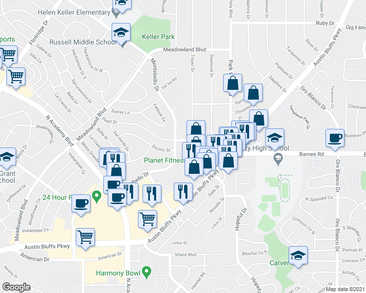 map of restaurants, bars, coffee shops, grocery stores, and more near 4615 Montebello Drive in Colorado Springs