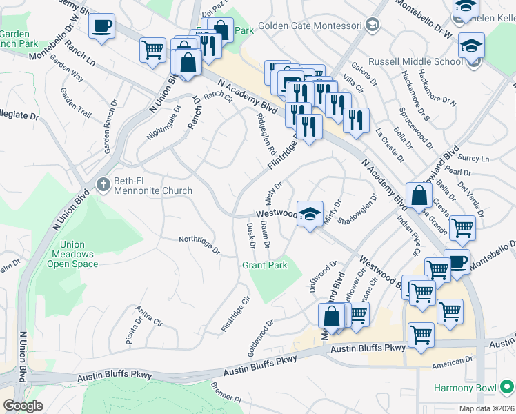 map of restaurants, bars, coffee shops, grocery stores, and more near 4414 Misty Drive in Colorado Springs