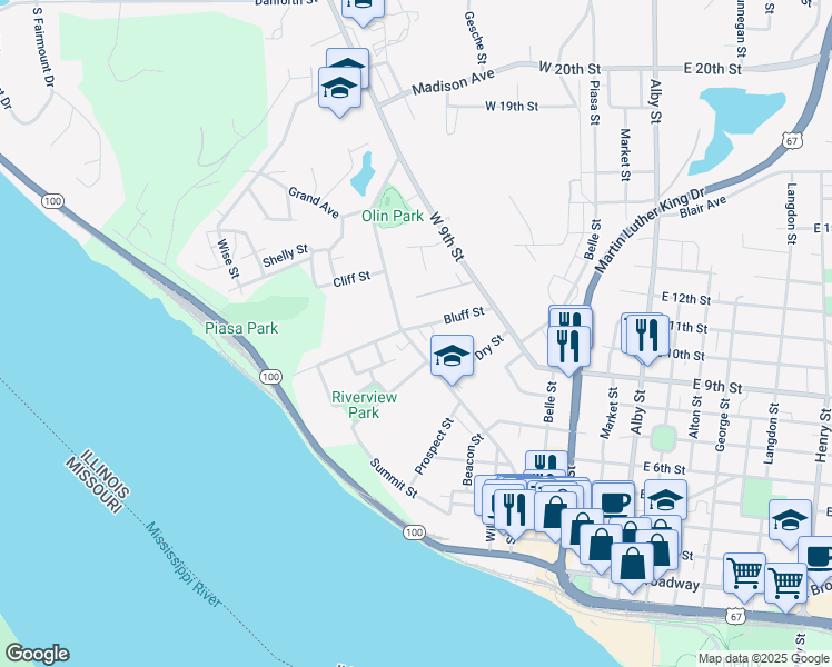 map of restaurants, bars, coffee shops, grocery stores, and more near 354 Bluff Street in Alton