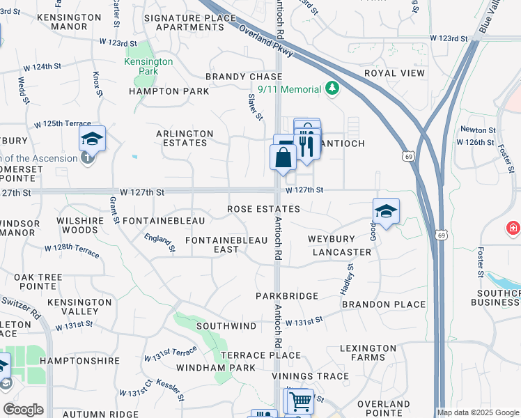 map of restaurants, bars, coffee shops, grocery stores, and more near 12700 Antioch Road in Overland Park