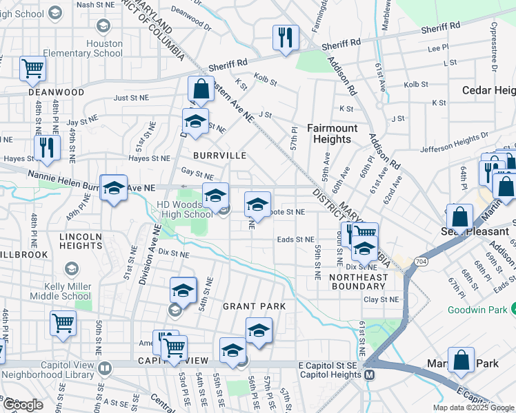 map of restaurants, bars, coffee shops, grocery stores, and more near 5602 Foote Street Northeast in Washington