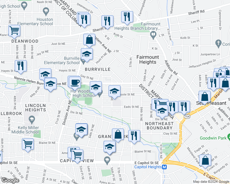 map of restaurants, bars, coffee shops, grocery stores, and more near 5602 Foote Street Northeast in Washington