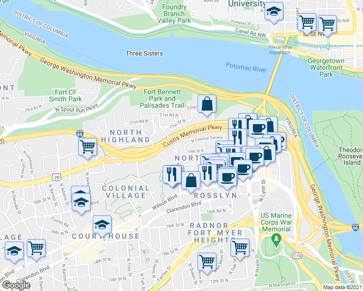 map of restaurants, bars, coffee shops, grocery stores, and more near 1649 North Colonial Terrace in Arlington