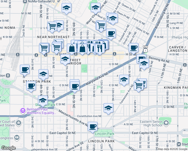 map of restaurants, bars, coffee shops, grocery stores, and more near 11th Street Northeast in Washington