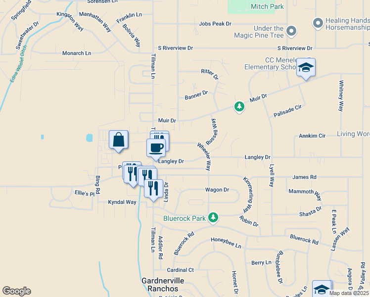 map of restaurants, bars, coffee shops, grocery stores, and more near 1328 Wheeler Way in Gardnerville