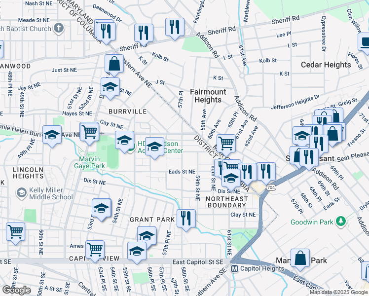 map of restaurants, bars, coffee shops, grocery stores, and more near 601 58th Street Northeast in Washington