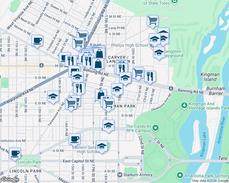 map of restaurants, bars, coffee shops, grocery stores, and more near 101 Independence Avenue Southeast in Washington