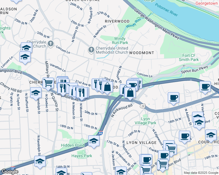 map of restaurants, bars, coffee shops, grocery stores, and more near 3208 22nd Street North in Arlington
