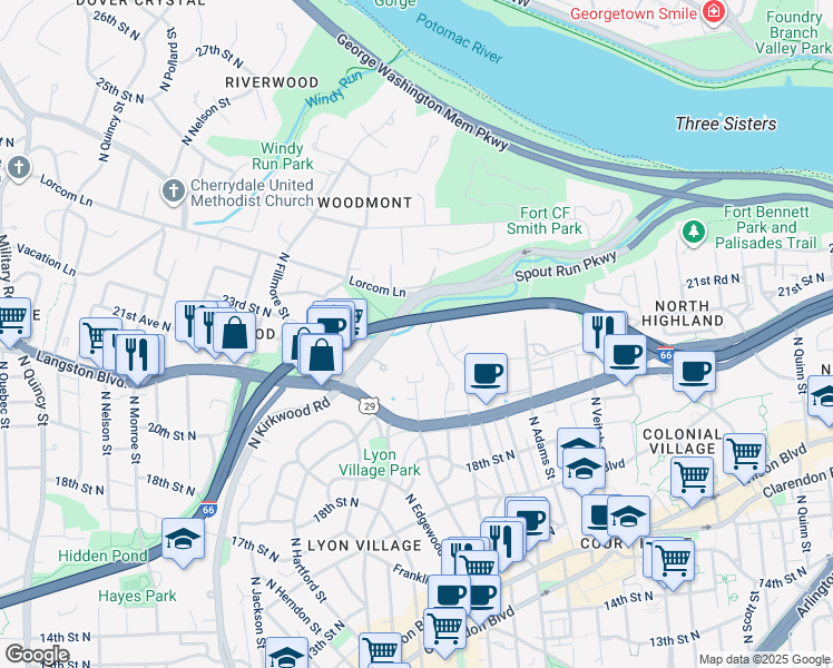 map of restaurants, bars, coffee shops, grocery stores, and more near 2050 North Calvert Street in Arlington