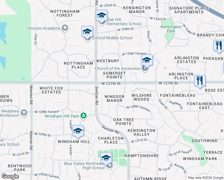 map of restaurants, bars, coffee shops, grocery stores, and more near 10101 West 127th Street in Overland Park