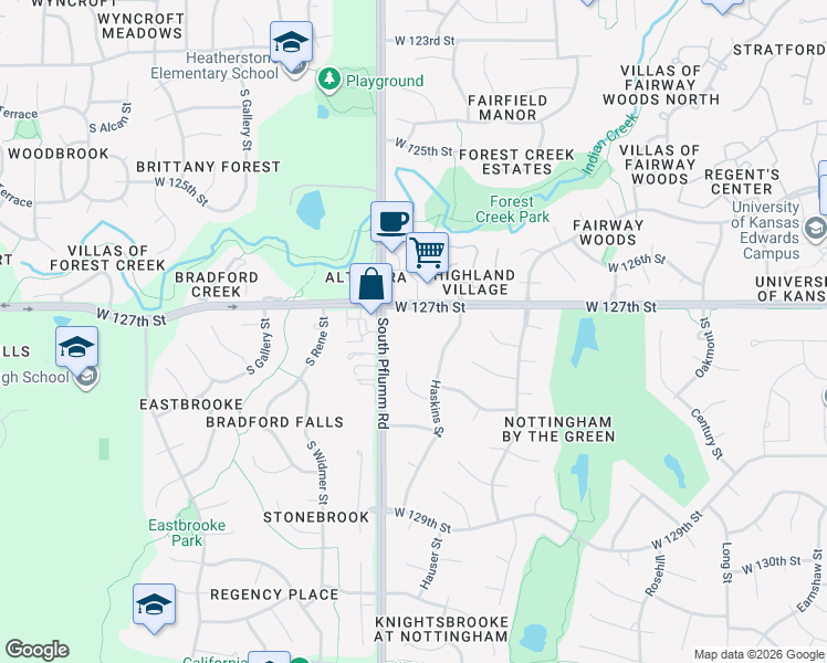 map of restaurants, bars, coffee shops, grocery stores, and more near 12701 Pflumm Road in Overland Park