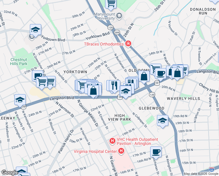map of restaurants, bars, coffee shops, grocery stores, and more near 2300 North Dinwiddie Street in Arlington