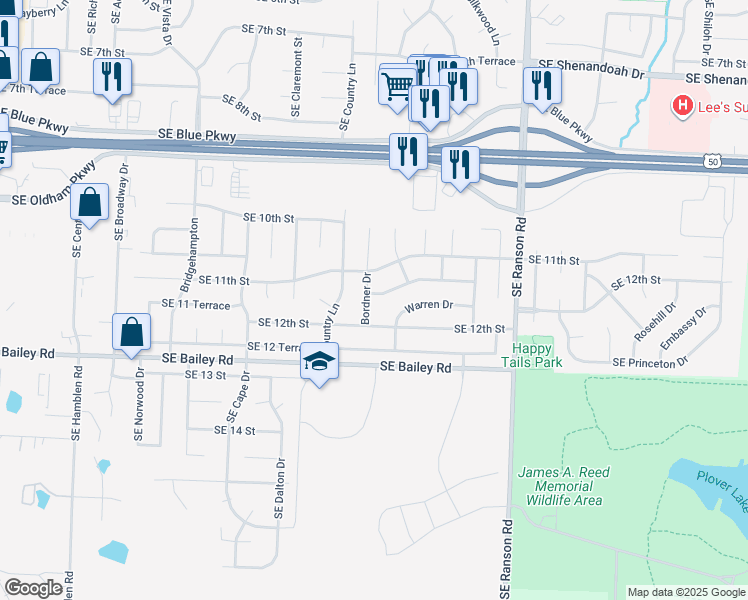 map of restaurants, bars, coffee shops, grocery stores, and more near 1112 Southeast 11 Terrace in Lee's Summit