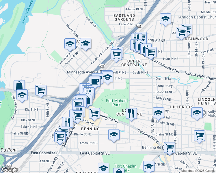 map of restaurants, bars, coffee shops, grocery stores, and more near 4095 Minnesota Avenue Northeast in Washington