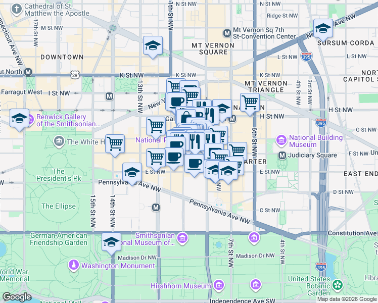 map of restaurants, bars, coffee shops, grocery stores, and more near 933 F Street Northwest in Washington