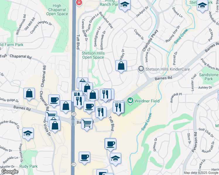 map of restaurants, bars, coffee shops, grocery stores, and more near 4635 Double Lasso Court in Colorado Springs