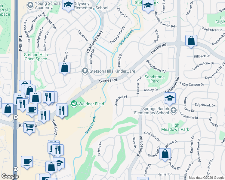 map of restaurants, bars, coffee shops, grocery stores, and more near 6620 Holt Drive in Colorado Springs