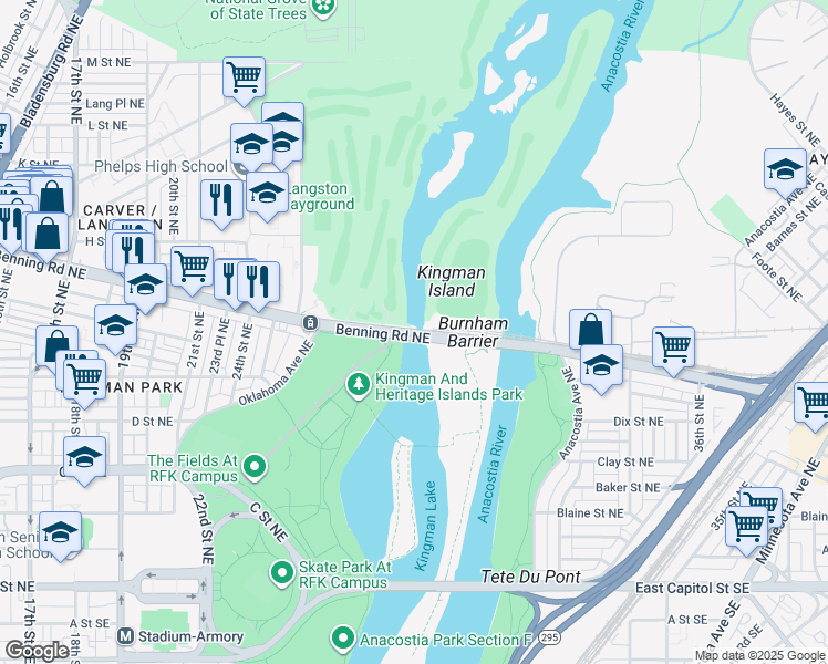 map of restaurants, bars, coffee shops, grocery stores, and more near 2550 Benning Road Northeast in Washington