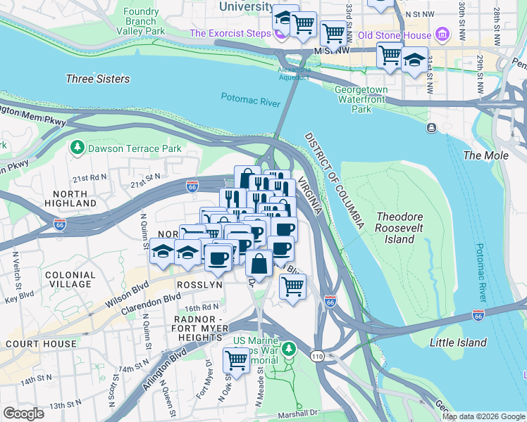 map of restaurants, bars, coffee shops, grocery stores, and more near 1901 North Moore Street in Arlington