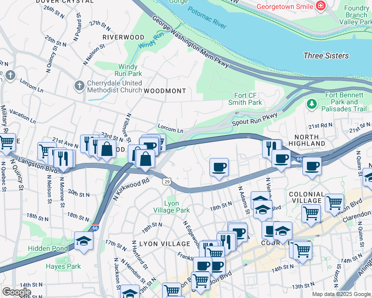map of restaurants, bars, coffee shops, grocery stores, and more near 2050 North Calvert Street in Arlington