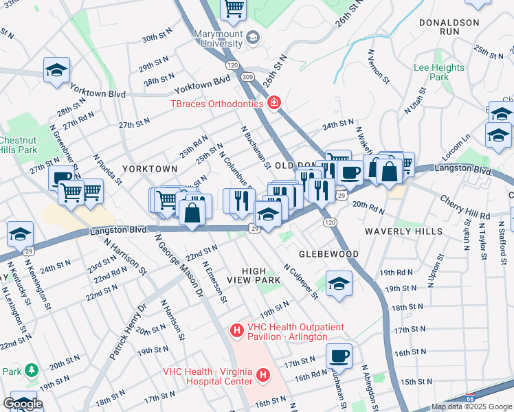 map of restaurants, bars, coffee shops, grocery stores, and more near 2242 North Columbus Street in Arlington