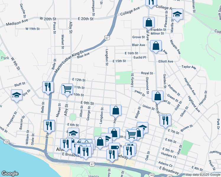 map of restaurants, bars, coffee shops, grocery stores, and more near 549 East 12th Street in Alton