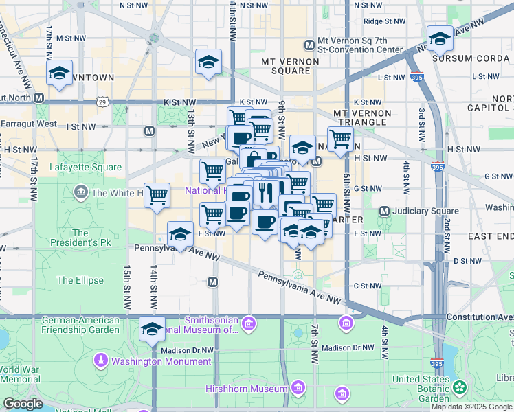 map of restaurants, bars, coffee shops, grocery stores, and more near 975 F Street Northwest in Washington