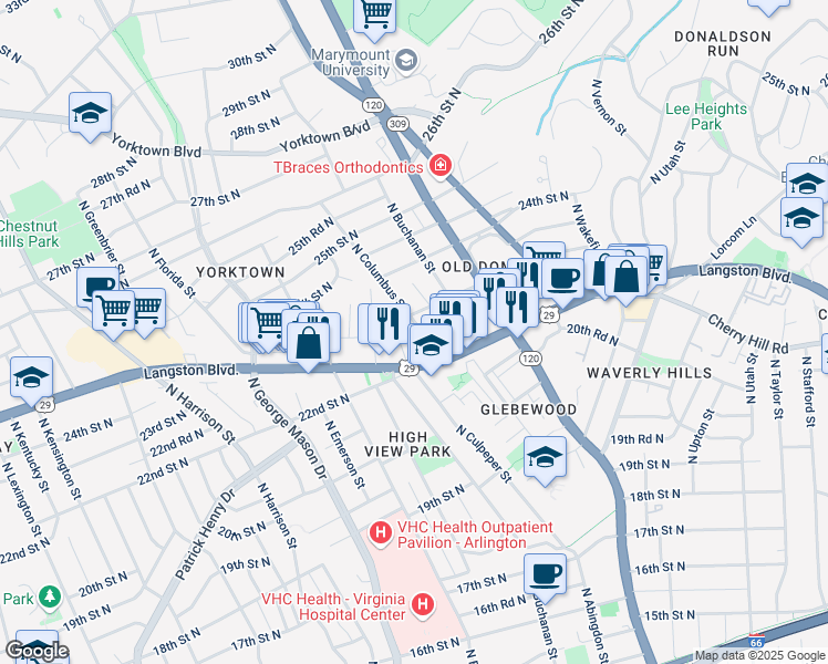 map of restaurants, bars, coffee shops, grocery stores, and more near 2242 North Columbus Street in Arlington