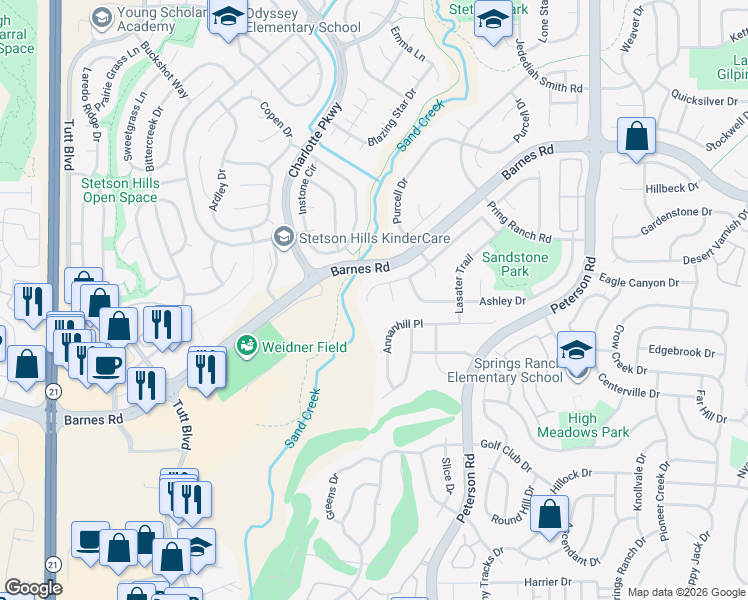map of restaurants, bars, coffee shops, grocery stores, and more near 6620 Holt Drive in Colorado Springs