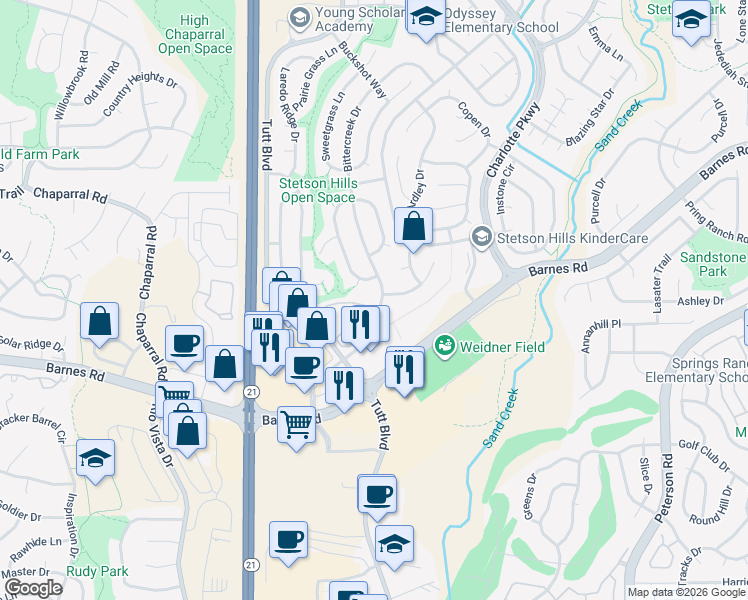 map of restaurants, bars, coffee shops, grocery stores, and more near 4635 Double Lasso Court in Colorado Springs