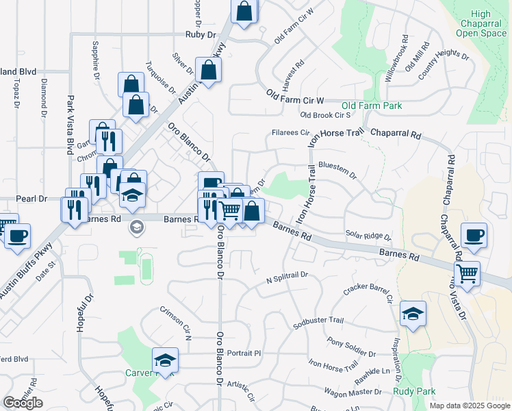 map of restaurants, bars, coffee shops, grocery stores, and more near 4583 Castlepoint Drive in Colorado Springs