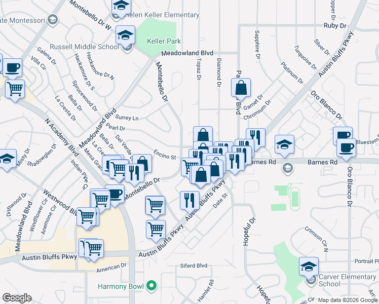 map of restaurants, bars, coffee shops, grocery stores, and more near 4615 Montebello Drive in Colorado Springs