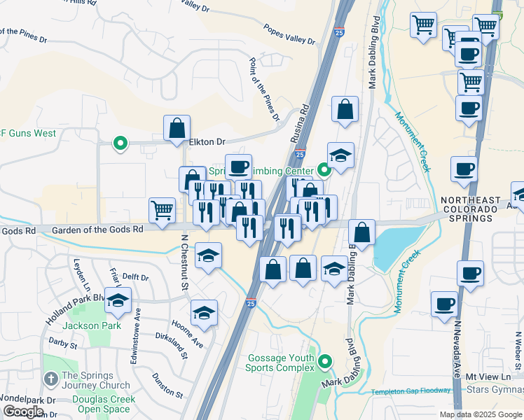 map of restaurants, bars, coffee shops, grocery stores, and more near 4529 Rusina Road in Colorado Springs