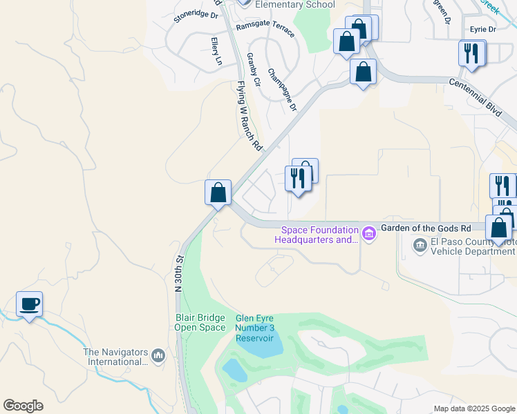 map of restaurants, bars, coffee shops, grocery stores, and more near 4650 Spring Canyon Heights in Colorado Springs