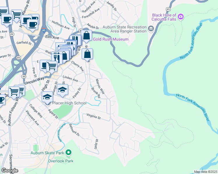 map of restaurants, bars, coffee shops, grocery stores, and more near 208 Gossonia Park in Auburn