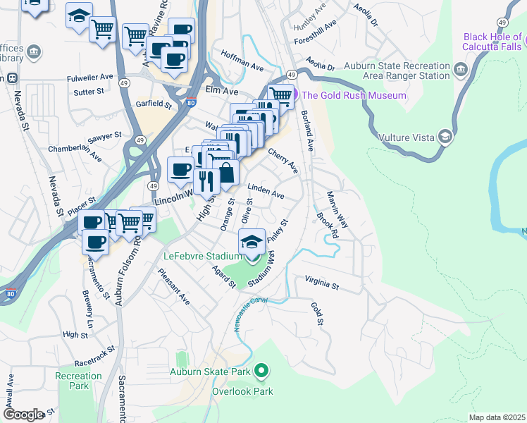 map of restaurants, bars, coffee shops, grocery stores, and more near 211 California Street in Auburn