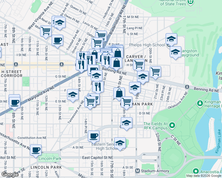 map of restaurants, bars, coffee shops, grocery stores, and more near 101 Independence Avenue Southeast in Washington