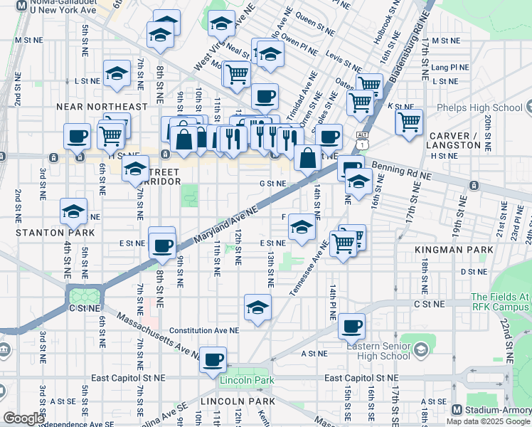 map of restaurants, bars, coffee shops, grocery stores, and more near 101 Independence Avenue Southeast in Washington