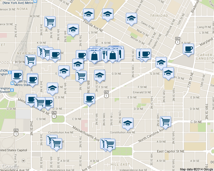 map of restaurants, bars, coffee shops, grocery stores, and more near 101 Independence Avenue Southeast in Washington