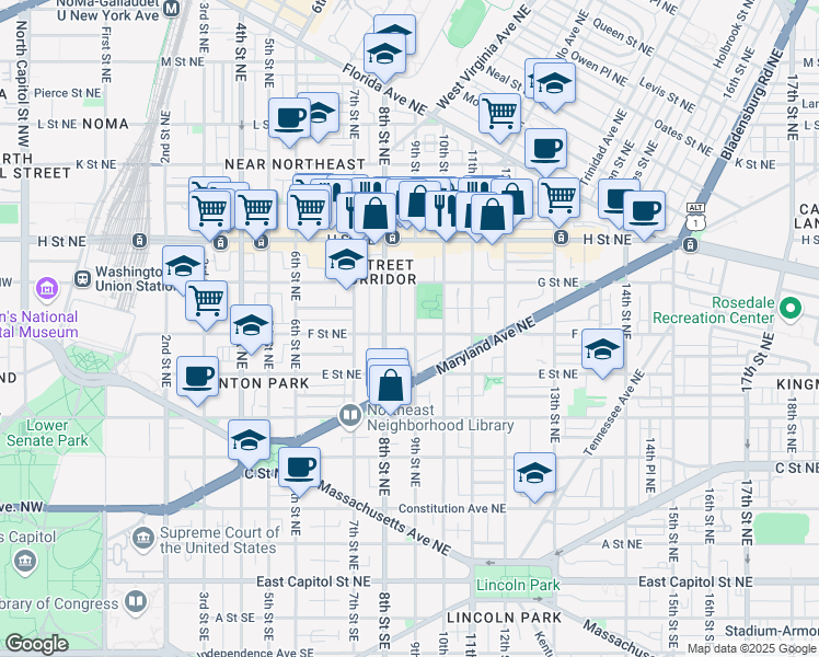 map of restaurants, bars, coffee shops, grocery stores, and more near 650 10th Street Northeast in Washington