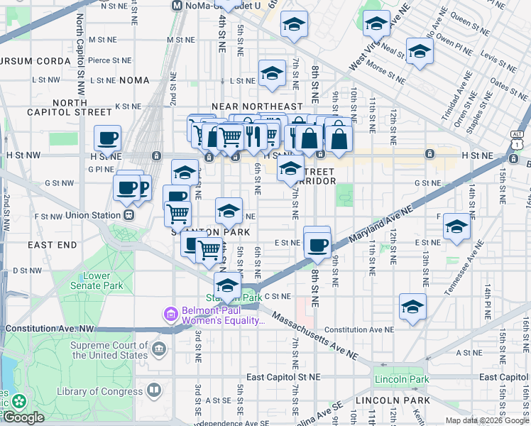 map of restaurants, bars, coffee shops, grocery stores, and more near 101 Independence Avenue Southeast in Washington