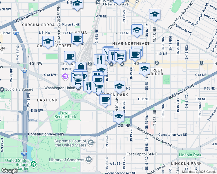map of restaurants, bars, coffee shops, grocery stores, and more near 624 3rd Street Northeast in Washington