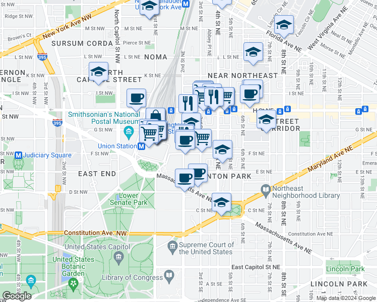 map of restaurants, bars, coffee shops, grocery stores, and more near 101 Independence Avenue Southeast in Washington