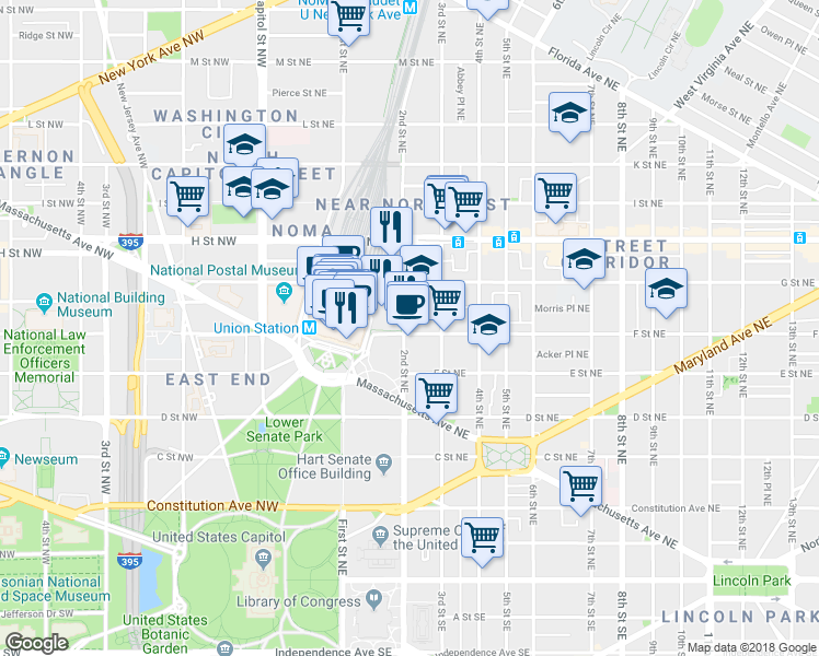 map of restaurants, bars, coffee shops, grocery stores, and more near 101 Independence Avenue Southeast in Washington