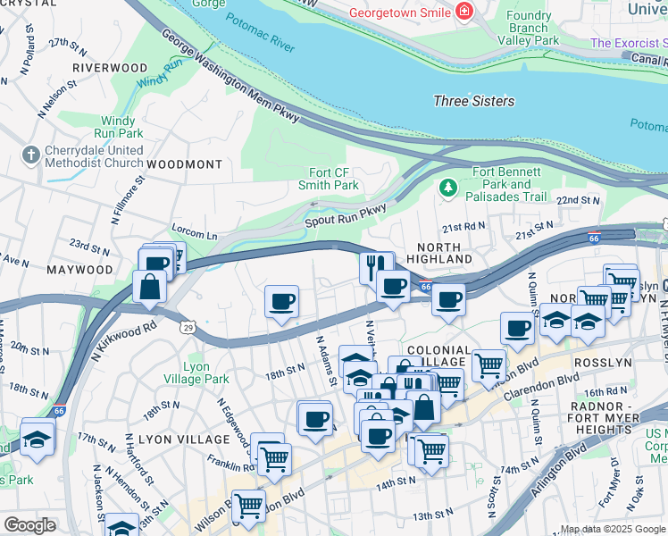 map of restaurants, bars, coffee shops, grocery stores, and more near 2001 North Adams Street in Arlington