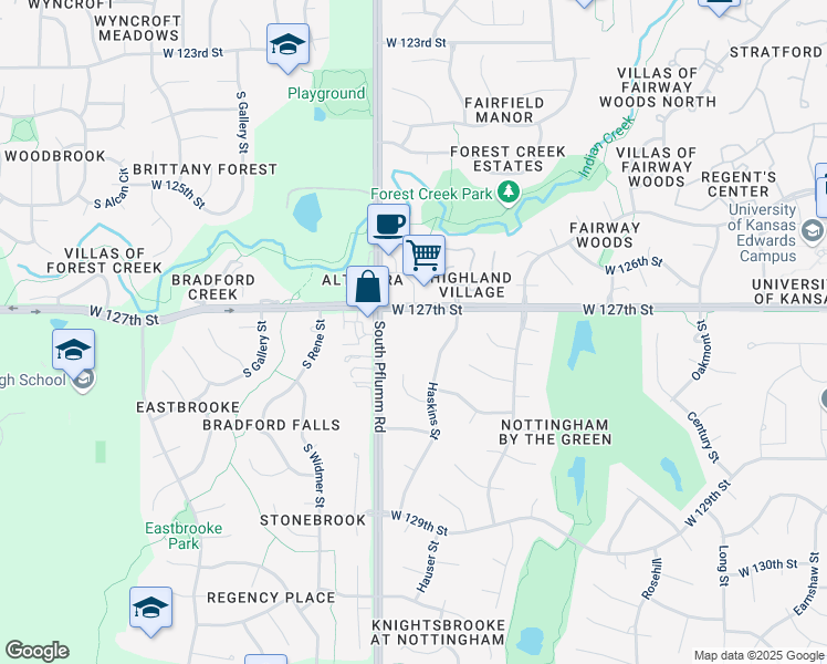 map of restaurants, bars, coffee shops, grocery stores, and more near 12701 Pflumm Road in Overland Park