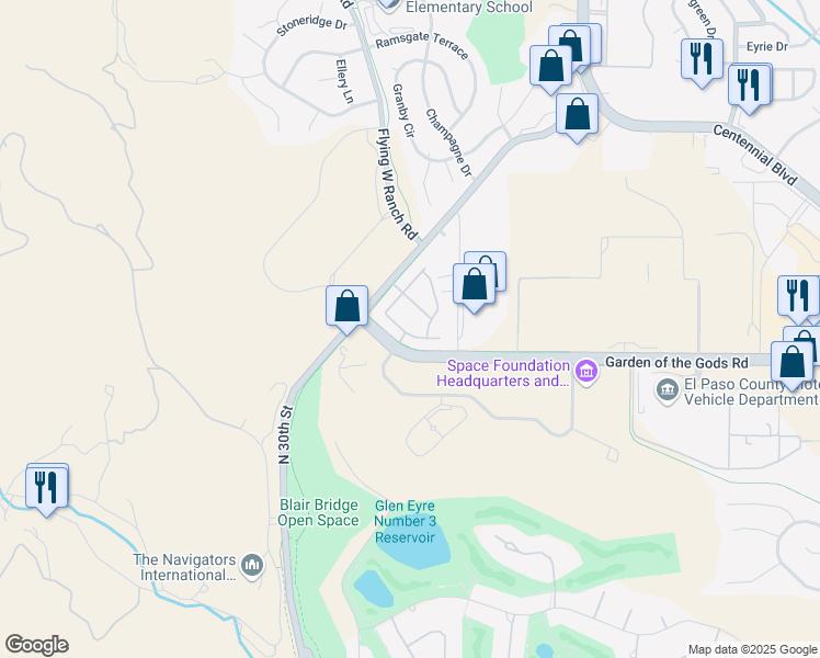 map of restaurants, bars, coffee shops, grocery stores, and more near 4510 Spring Canyon Heights in Colorado Springs