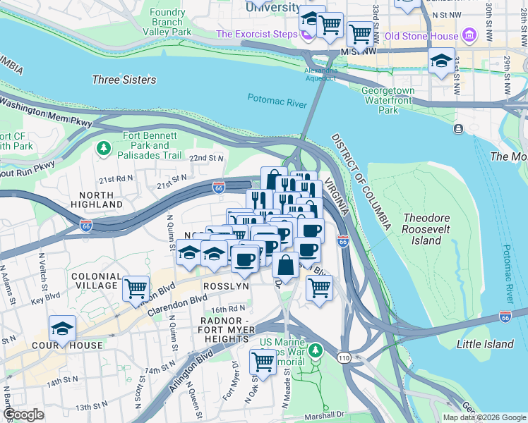 map of restaurants, bars, coffee shops, grocery stores, and more near 1900 Fort Myer Drive in Arlington